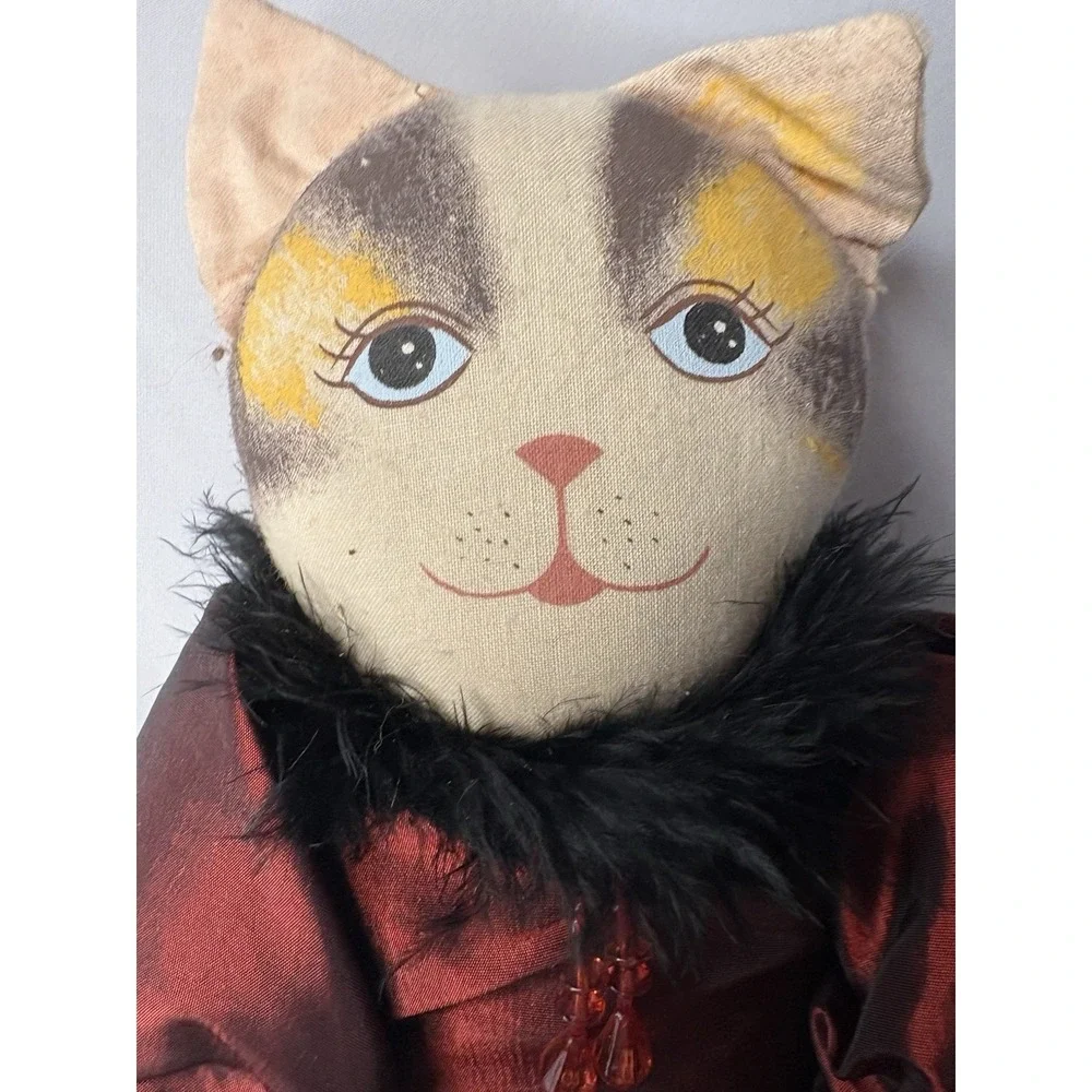 Vintage 1990's Artisan Folk Art Hand-Painted Cloth Cat Doll